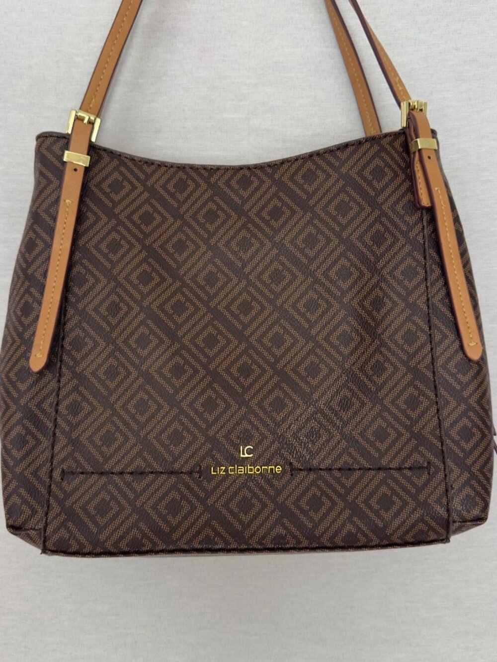 LIZ CLAIBORNE GEOMETRIC BROWN SHOULDER BAG GOLD HARDWARE ZIP SNAP INNER POCKETS